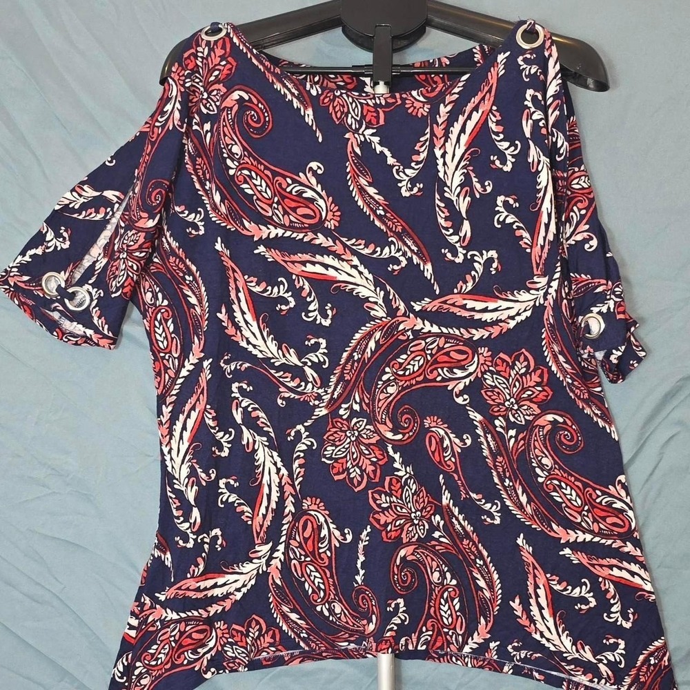 Spense Navy Paisley Cold Shoulder Top Grommet Detail XL